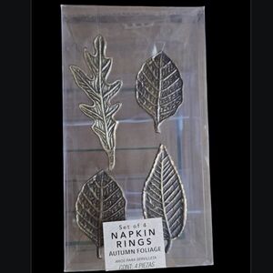 Napkin Rings Holder Set 4 Metal Thanksgiving Fall Leaf Antique Gold